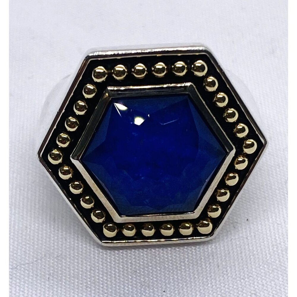 Lagos Caviar Sterling Silver 925 and 18K Blue Stone Hexagon Ring 7